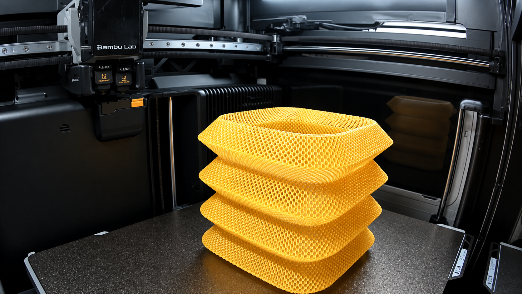 A complex orange lattice vase being printed inside a Bambu Lab 3D printer